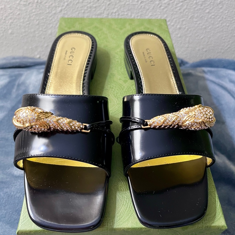 Gucci Black Patent Leather Mules with Gold Snake Buckle